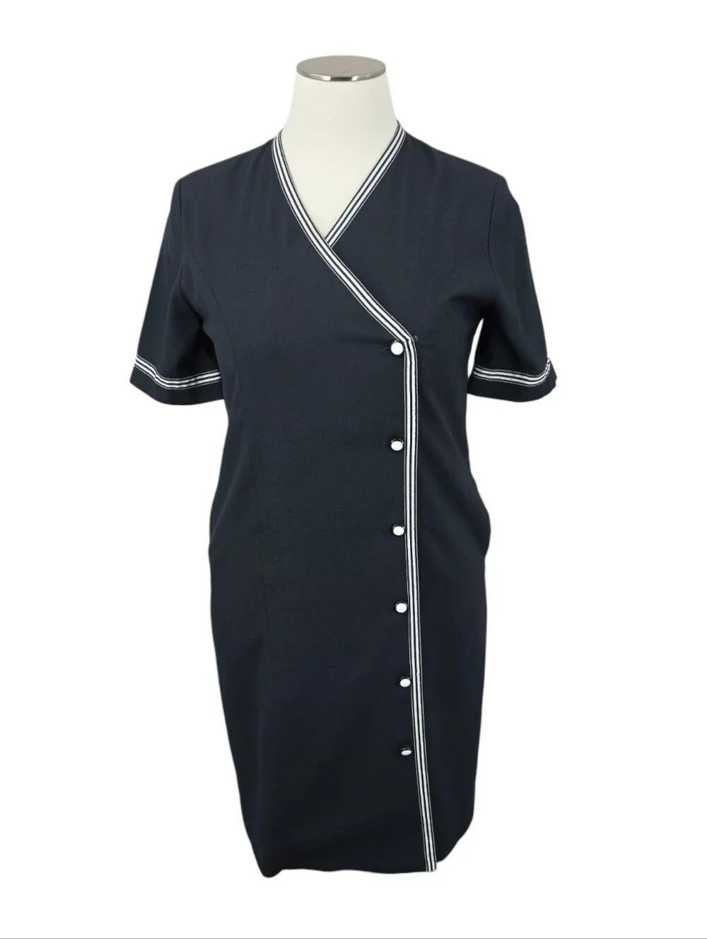 Vintage Women's Plus Size Black Wrap-Style Button Up Short Sleeve Midi Dress